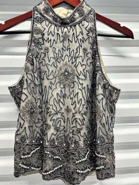 VINTAGE Papell Boutique Evening Beaded Silver Silk Blouse